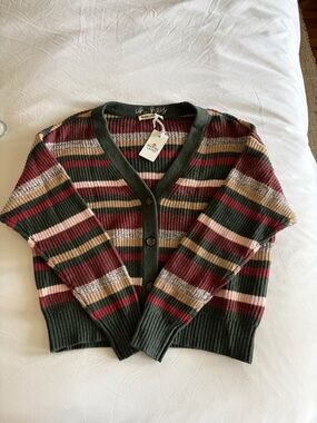 Marine Layer Striped Ribbed V-Neck Cardigan - Forest Green, Burgundy & Cream